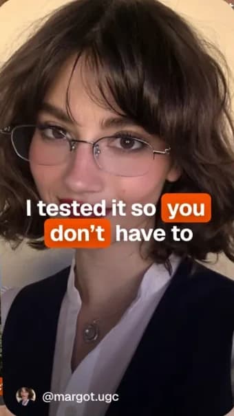 UGC creator selfie video with the on-screen hook "I tested it so you don't have to"