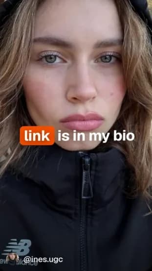 UGC creator selfie video with the on-screen hook "link is in my bio"